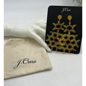 J. Crew Golden Sun Yellow Beaded Long Gold Tone Statement Earrings New‎